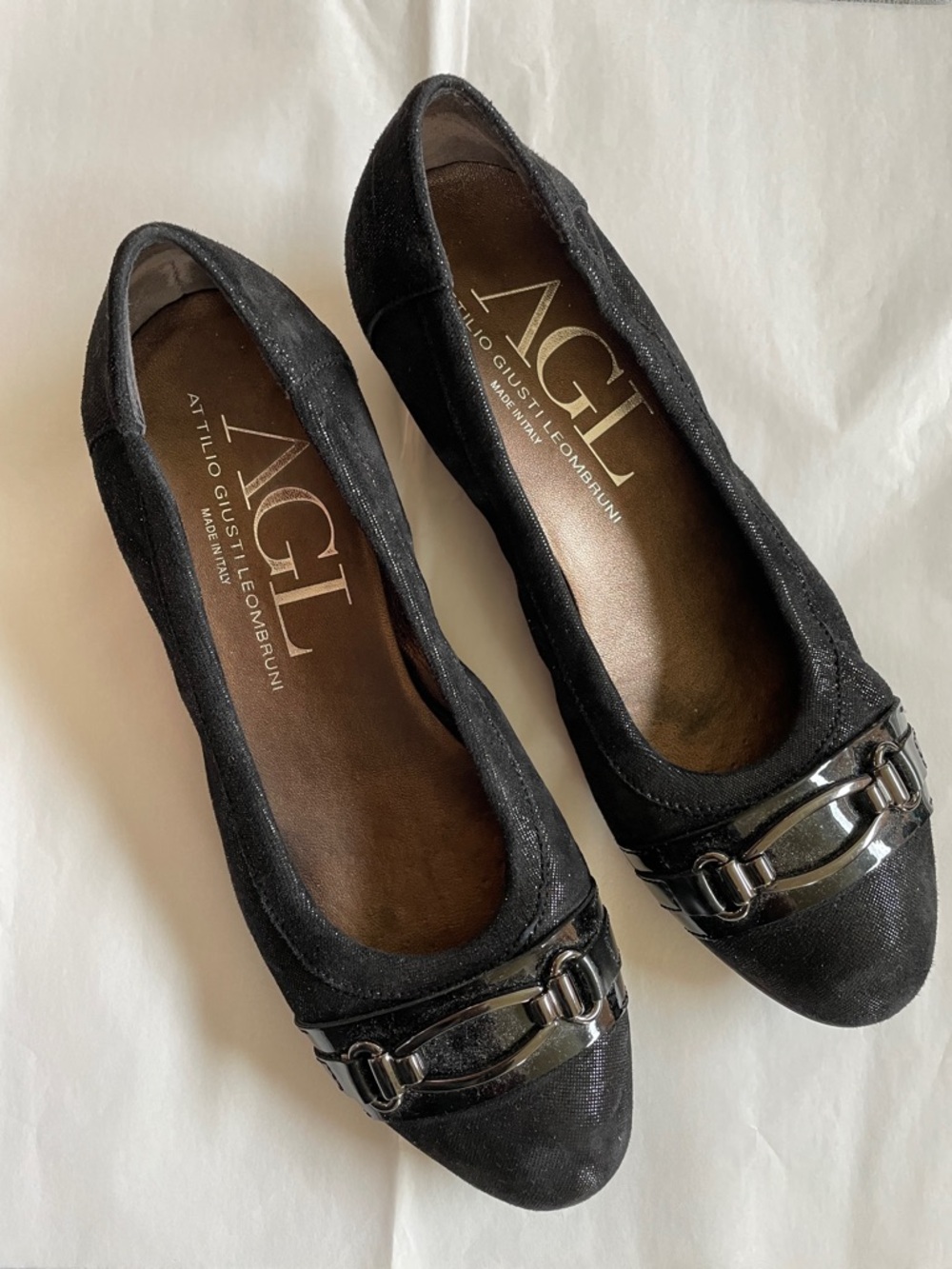 AGL Black Metallic Leather Wedge with Metal Bit Accent 38